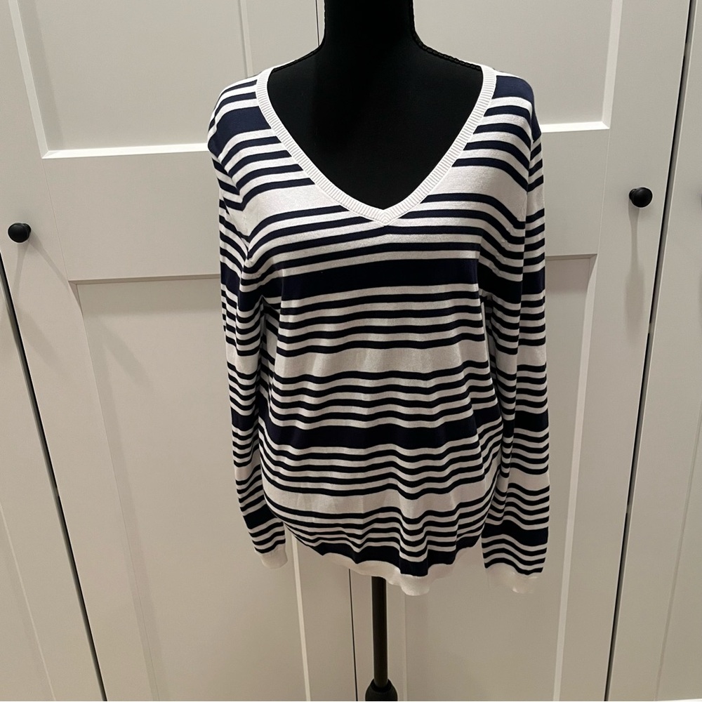 Lands' End Navy and White Striped Sweater